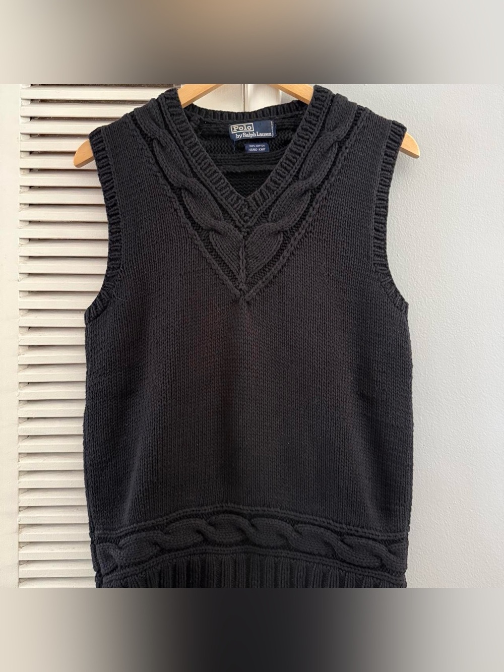 Vintage POLO Ralph Lauren Hand Knit Cable Knit Black V-neck Vest Sweater Sz S